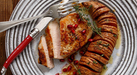 pan-seared pork chops and hassleback sweet potatoes