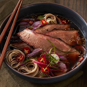 Asian-spiced smoked brisket with soba in smoky kimchi broth